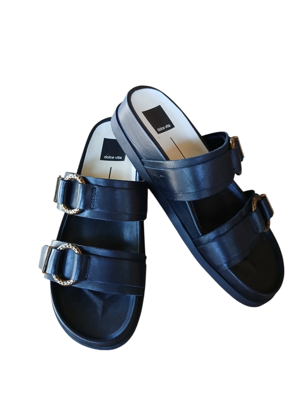 DOLCE VITA Black Double-Strap Slide Sandals with Gold Buckles EUC! - Picture 3 of 10